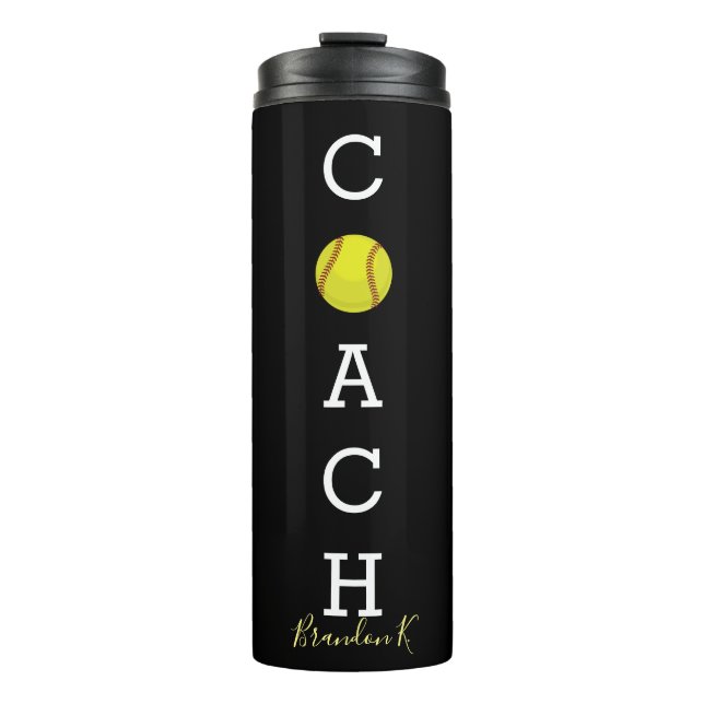 Custom Name Softball Coach Black Thermal Tumbler (Front)