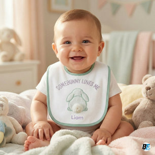 Custom Name Somebunny Loves Me Fluffy Rabbit Tail Baby Bib