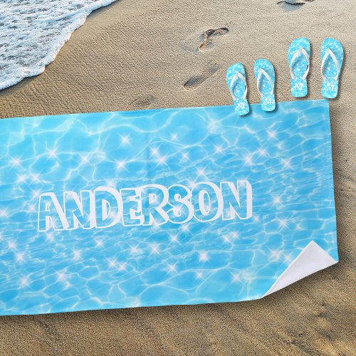 Custom Name Sparkling Blue Water Textures Cool Fun Beach Towel