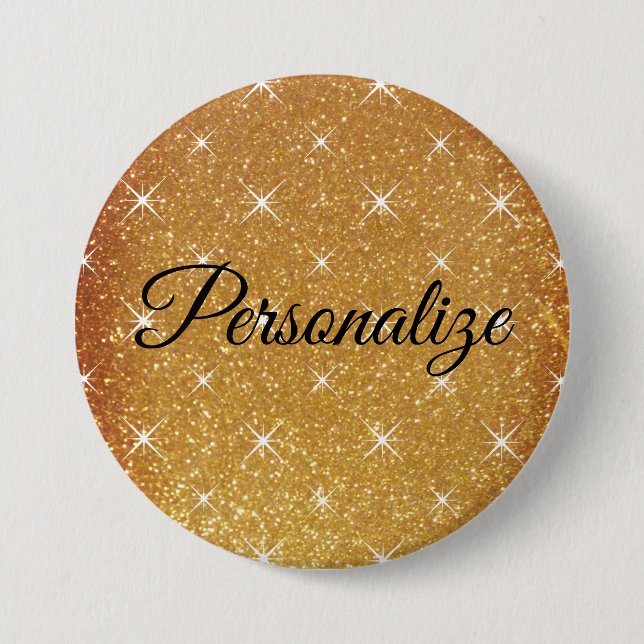 Custom name sparkly gold glitter large pinback button (Front)