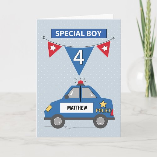 Custom Name Special Boy 4th Birthday Police Car Card