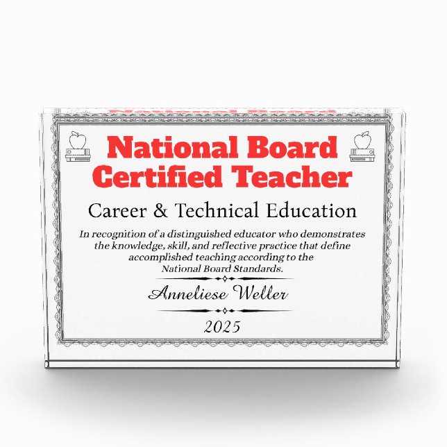 Custom Name, Specialty, Year National Board Certif Acrylic Award (Front)
