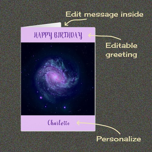 Custom name spiral galaxy birthday card