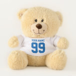 Custom name sports jersey number teddy bear gift<br><div class="desc">Custom name sports jersey number teddy bear gift. Cute stuffed animal bear with little white t shirt. Add your own name and numbers. Funny sports design with athletic typography template. Fun gift idea for newborn baby boy or girl, sports fans, coach, friends, family, children, kids, co worker, office worker, employee,...</div>