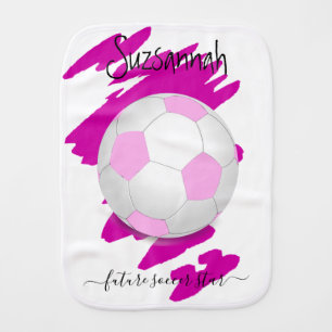 Custom Name Sporty Dark Pink Squiggle Soccer Ball Baby Burp Cloth