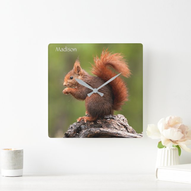 Custom Name Squirrel Square Wall Clock (Home)