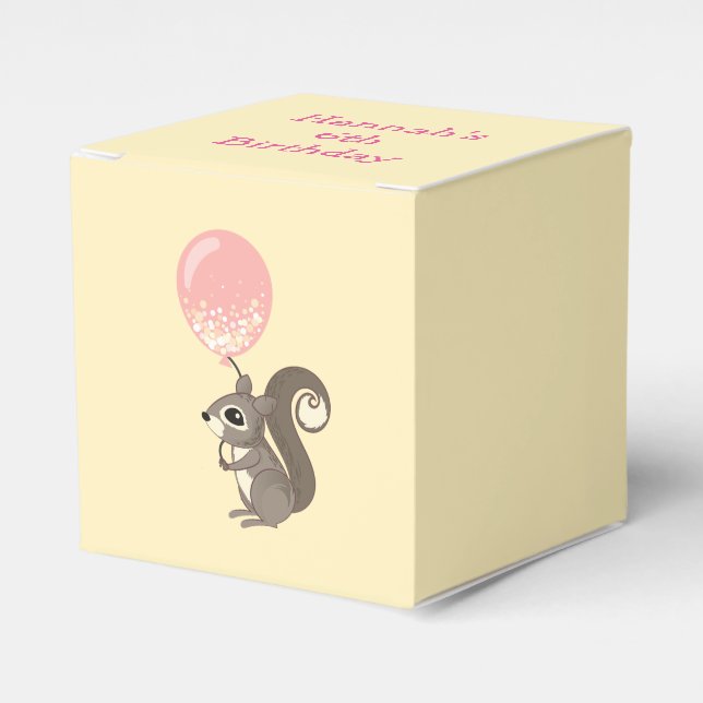 Custom Name Squirrel with Pink Balloon Favor Boxes (Front Side)