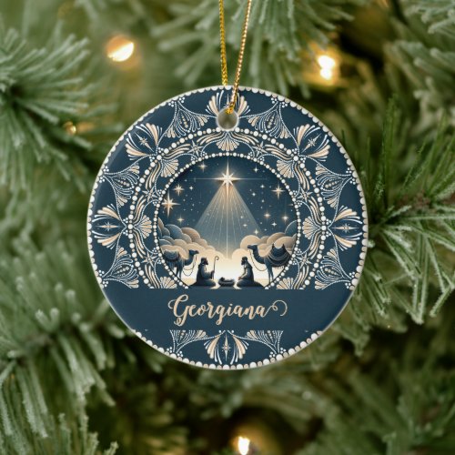 Custom Name Star of Wonder Nativity Dot Mandala Ceramic Ornament