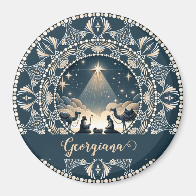 Custom Name Star of Wonder Nativity Dot Mandala Magnet (Front)