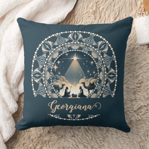 Custom Name Star of Wonder Nativity Dot Mandala Throw Pillow