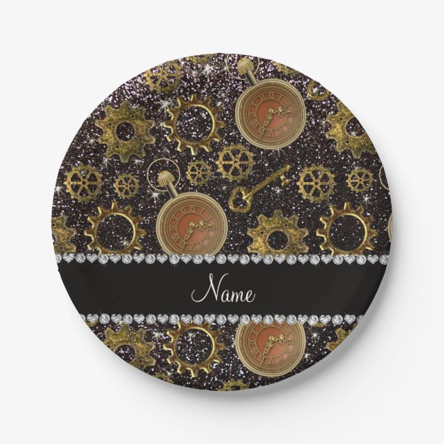 Custom name steampunk black glitter paper plates (Front)