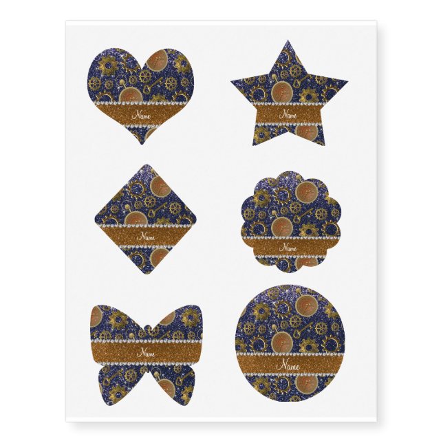Custom name steampunk navy blue glitter temporary tattoos (Front)