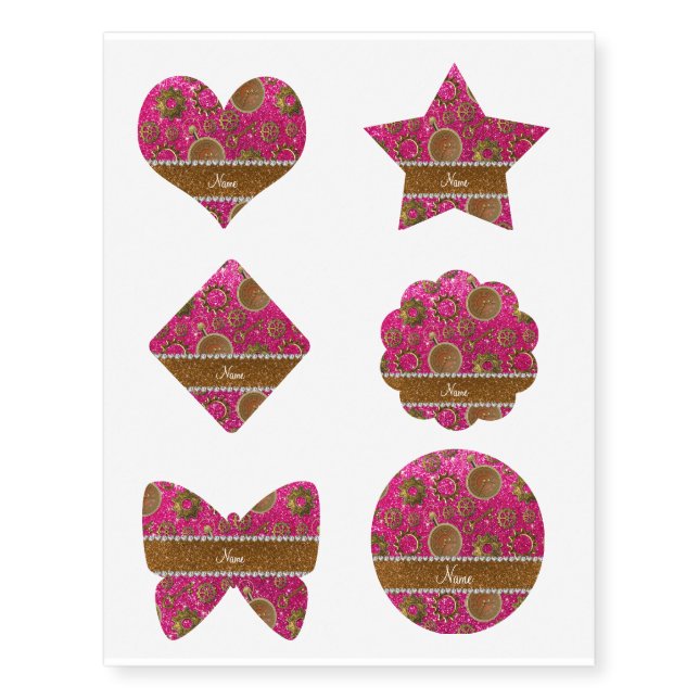 Custom name steampunk neon hot pink glitter temporary tattoos (Front)