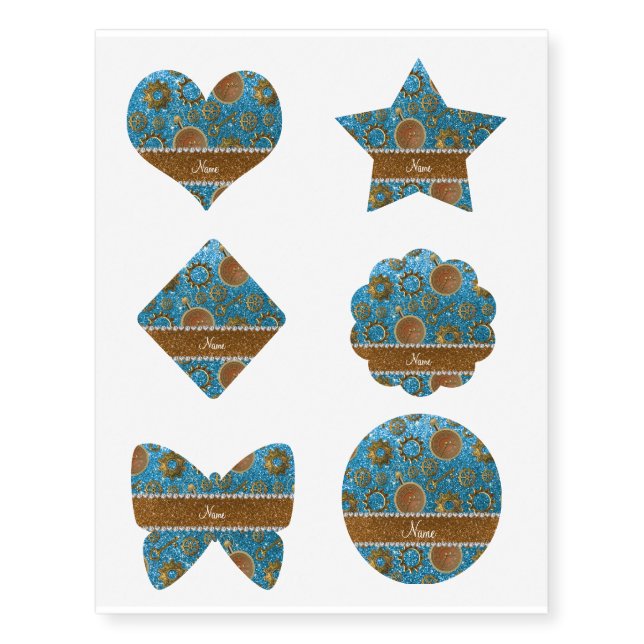 Custom name steampunk sky blue glitter temporary tattoos (Front)