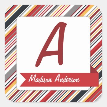 Custom Name Stripe Stationery Sticker Red by wrkdesigns at Zazzle