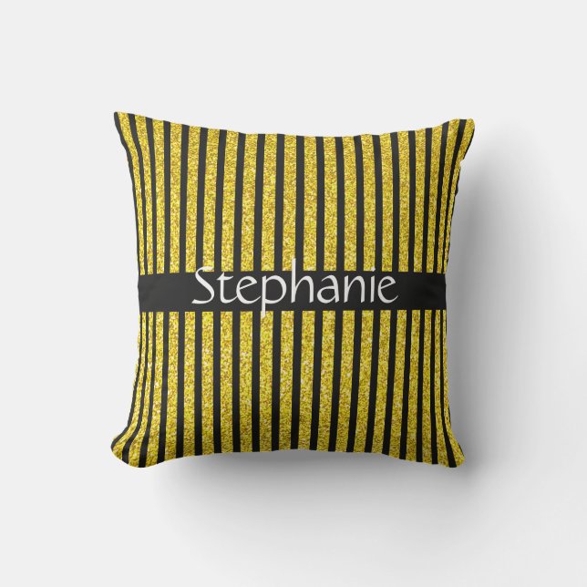 Custom Name Stripes Black Gold Golden Glitter Gift Outdoor Pillow (Front)