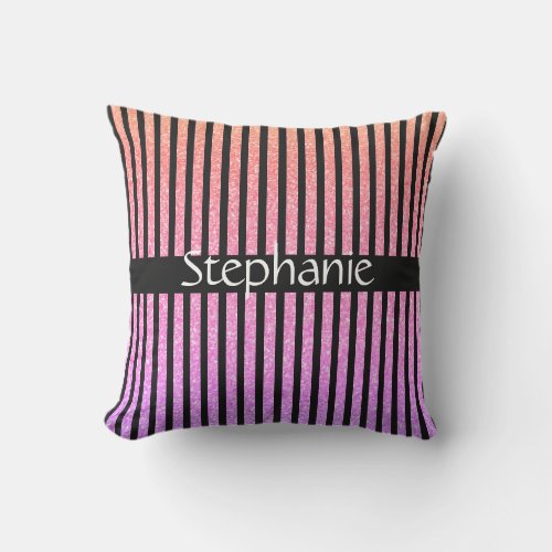 Custom Name Stripes Black Rose Gold Pink Glitter Outdoor Pillow
