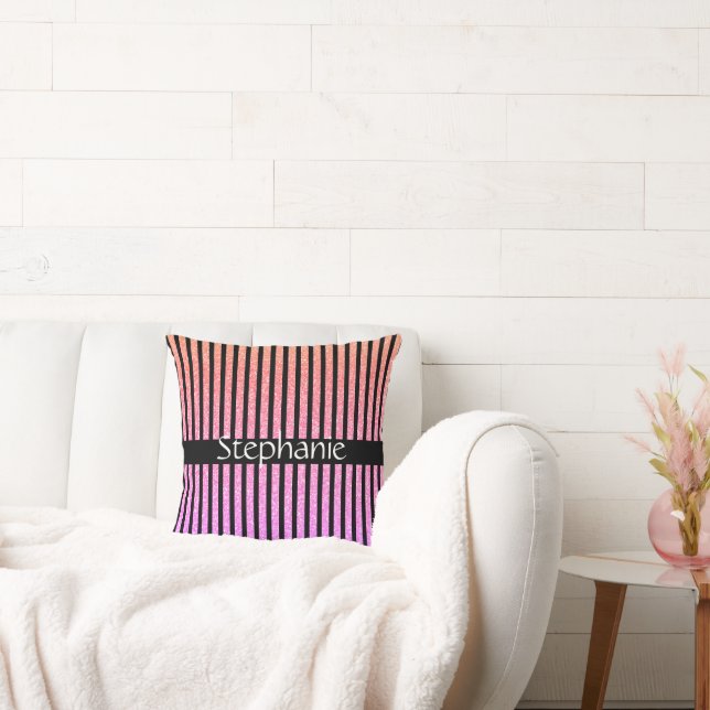 Custom Name Stripes Black Rose Gold Pink Glitter Throw Pillow (Couch)