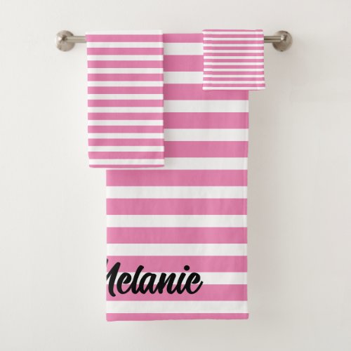 Custom Name Stripes Pattern Pink White Girly Cute Bath Towel Set