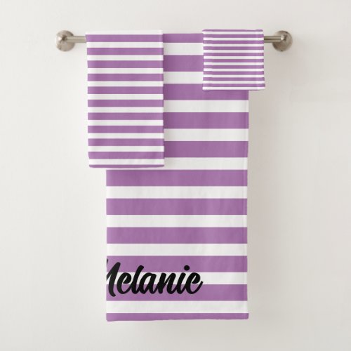 Custom Name Stripes Pattern Purple Lavender White Bath Towel Set