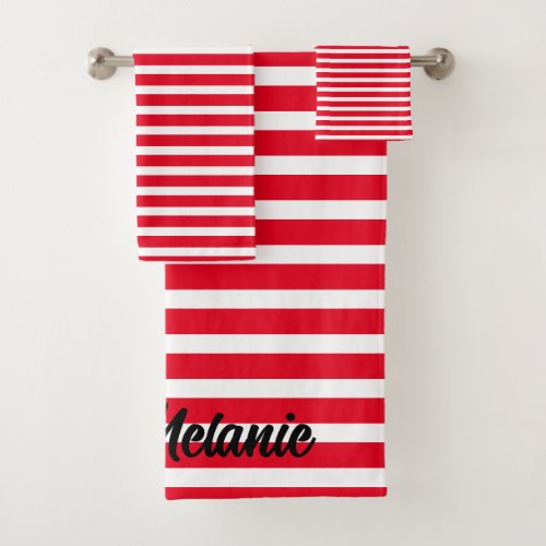 Custom Name Stripes Pattern Red White Christmas Bath Towel Set