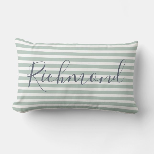 Custom Name Stylish Green & White Stripes Pattern Lumbar Pillow (Front)