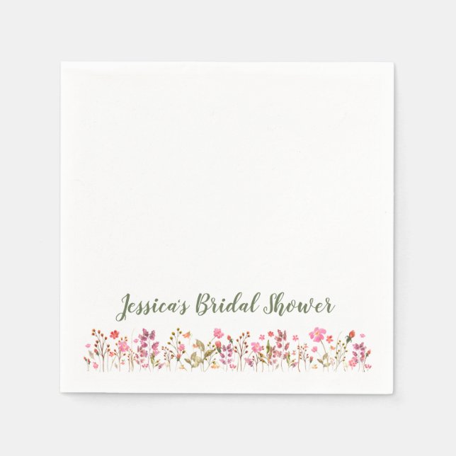Custom Name Stylish Pink Wildflowers Bridal Shower Napkins (Front)
