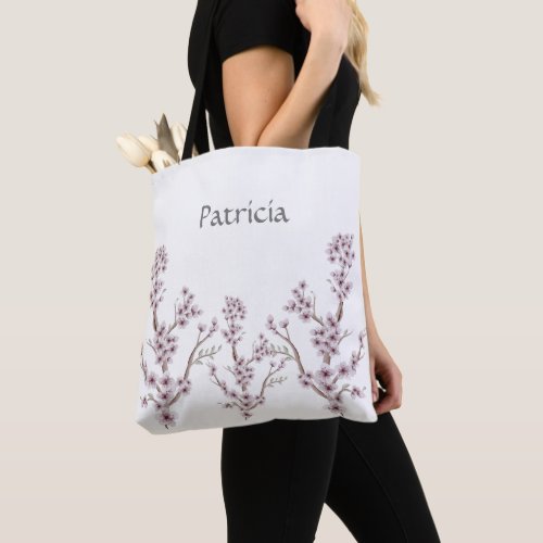 Custom Name Stylish Unique Cherry Blossoms Pink Tote Bag