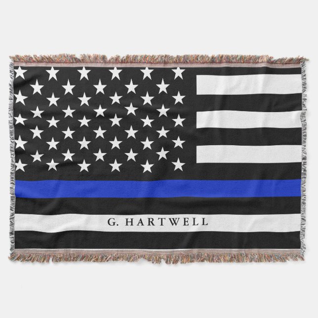 Custom Name Stylized Police American Flag Throw Blanket (Front)