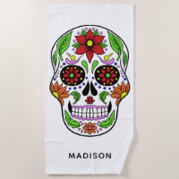 Custom name Sugar Skull beach towel