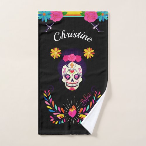 Custom name Sugarskull Day of the Dead on black Hand Towel