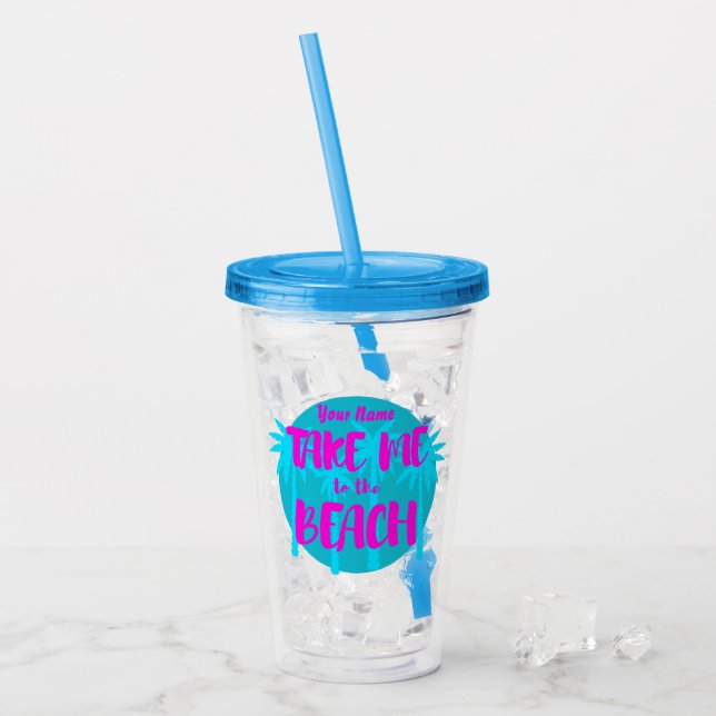Custom Name Summer Beach Vacation Blue Purple Acrylic Tumbler (Front Ice)