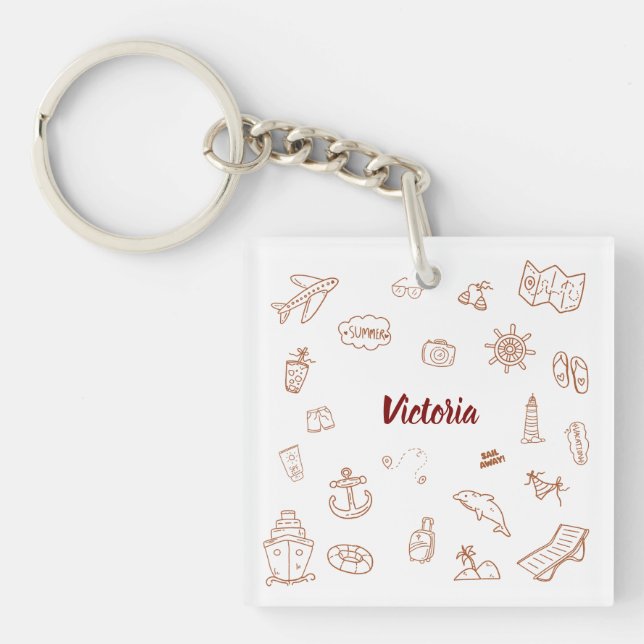 Custom Name Summer Vacation Doodle  Keychain (Front)