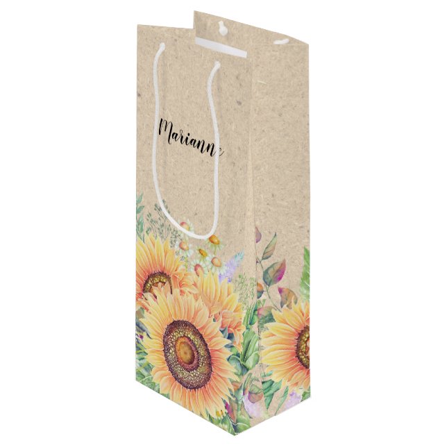 Custom Name | Sunflower Kraft Paper Wine Bags (Front Angled)