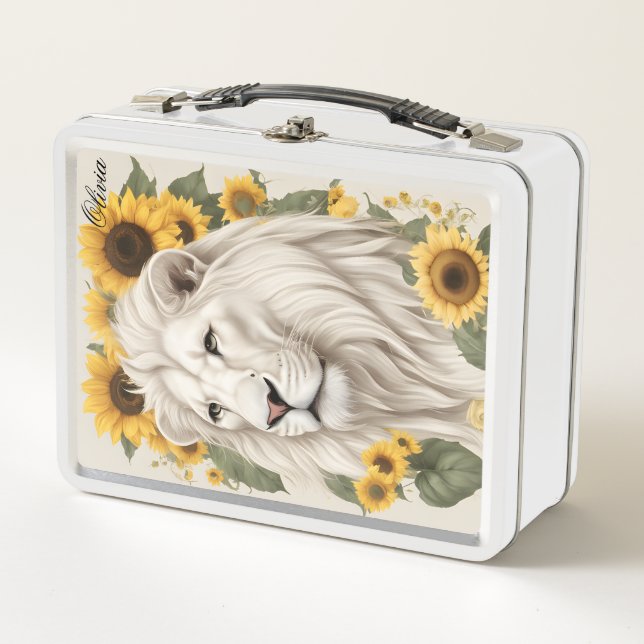 Custom Name Sunflower & Magical Lion Metal Lunch B Box (Front)