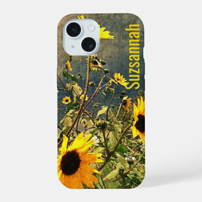 Custom Name Sunflower Photo Vintage Texture  iPhone 15 Case (Back)