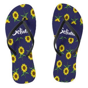 Custom name sunflowers on blue flip flops