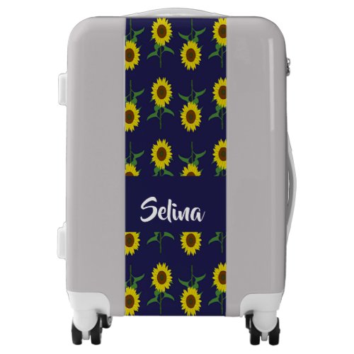 Custom name sunflowers on blue luggage