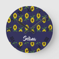 Custom name sunflowers on blue round clock