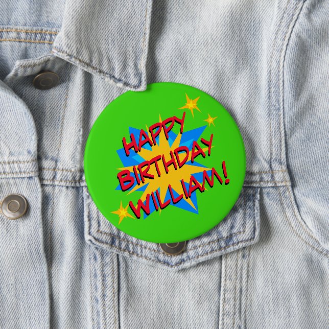 Custom Name Superhero Birthday Party Button (In Situ)