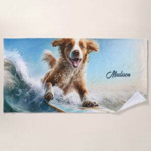 Custom Name Surfing Dog Beach Towel