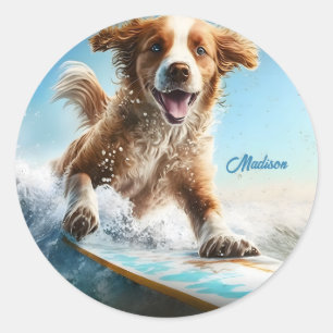 Custom Name Surfing Dog Classic Round Sticker