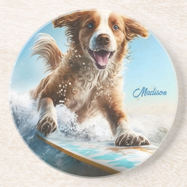 Custom Name Surfing Dog Coaster (Front)