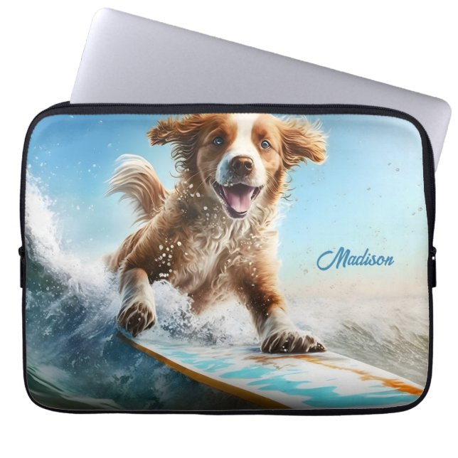 Custom Name Surfing Dog Laptop Sleeve (Front)