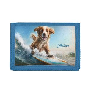 Custom Name Surfing Dog Tri-fold Wallet