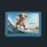 Custom Name Surfing Dog Trifold Wallet<br><div class="desc">Change the text field to what you want. Further using the editing tool,  you can change the font and its size and color if you wish. See my store for more animal illustration and surfing items.</div>