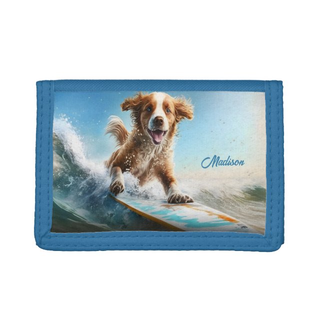 Custom Name Surfing Dog Trifold Wallet (Front)