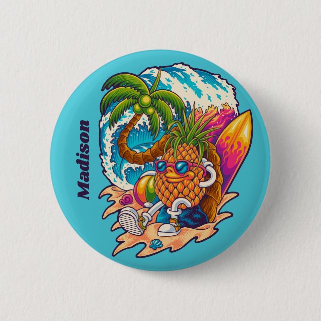 Custom Name Surfing Pineapple Button (Front)