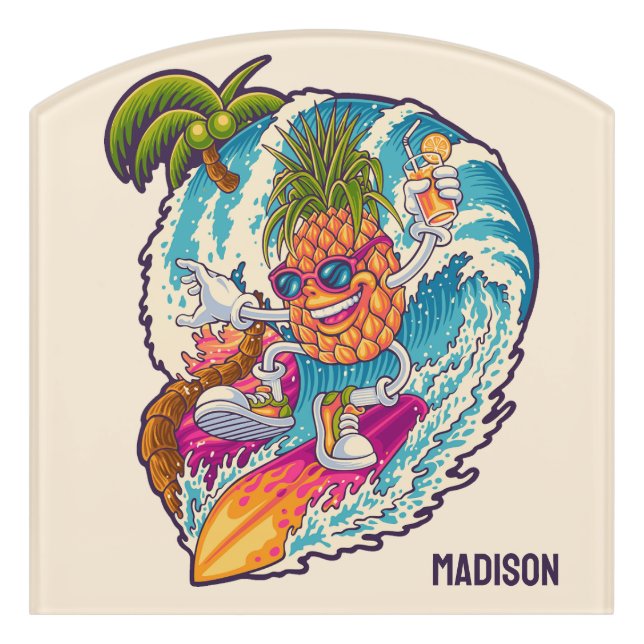 Custom Name Surfing Pineapple Door Sign (Contour Front)