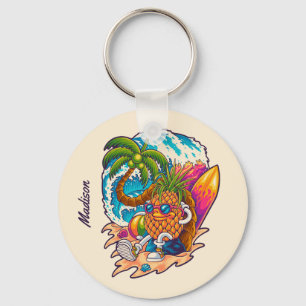 Custom Name Surfing Pineapple Keychain